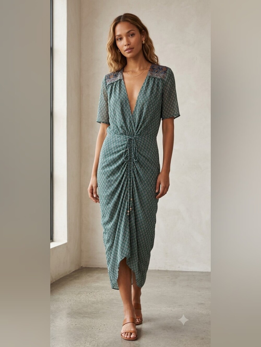 Veronica Beard Teal Printed Drawstring Midi Dress